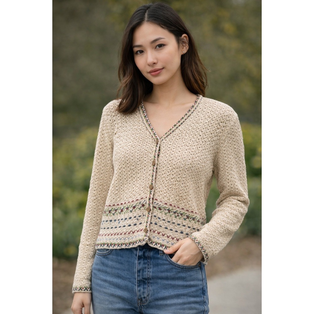 Vintage Paul Harris Design Womens Crochet Cardigan Sweater Embroidered Grandma L